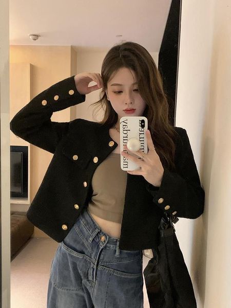 

womens jackets korean vintage tweed jacket coat spring autumn casual high street short outwear female crop 230810, Black;brown