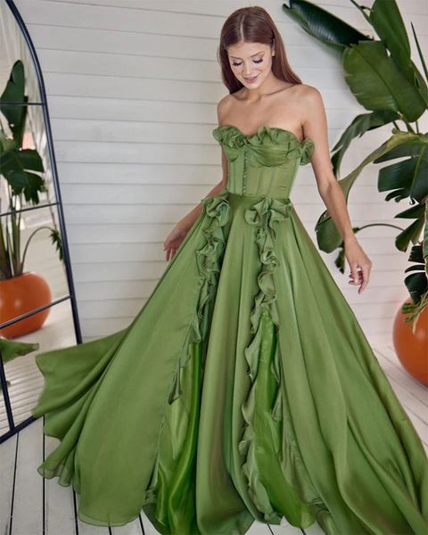 

green ruffles high side split prom dresses sweetheart a line chiffon evening party dress lace up back piping long cocktail gown, Black
