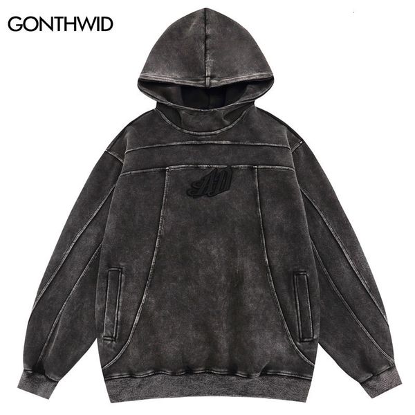 

mens hoodies sweatshirts vintage men hoodie streetwear hip hop embroidery letter washed hooded sweatshirt fashion punk goth loose pullover 2, Black