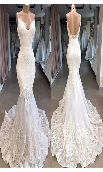 

2020 elegant ivory straps deep v neck lace mermaid wedding dresses full lace tulle summer beach wedding bridal gowns robes de mari2872691, White