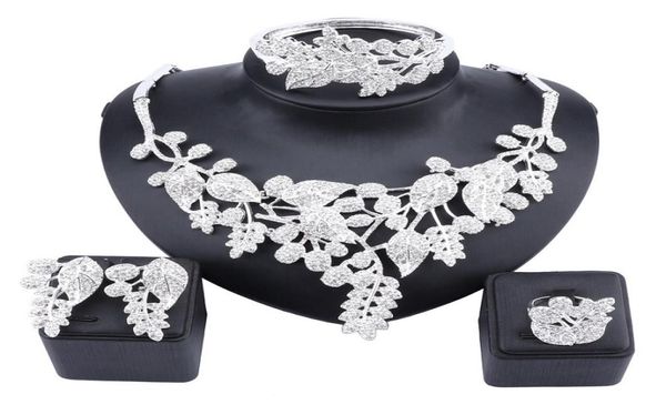 

women girl wedding accessories african beads jewelry set costume gold color crystal necklace bangle ring earring jewelry sets5474166, Slivery;golden