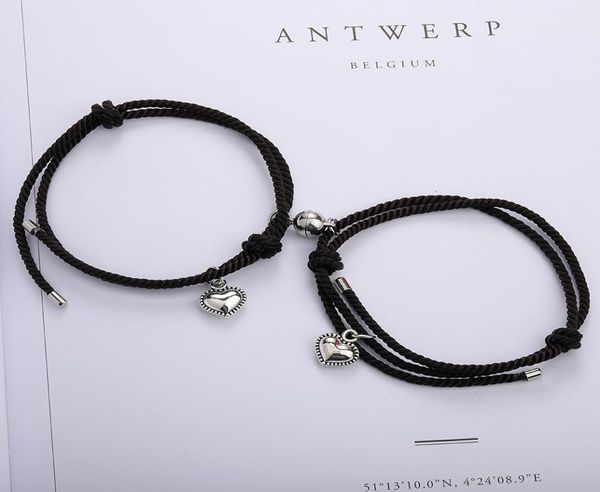 

lucky rope couple bracelet red black rope knot braided magnetic buckle heart charm bracelets friendship jewelry9300232, Golden;silver