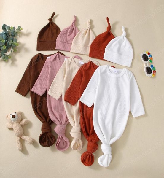 

cute baby boys girls sleeping bags newborn soft cotton waffle infant solid color long sleeve sleeping sackknotted cap sleepwear8484807