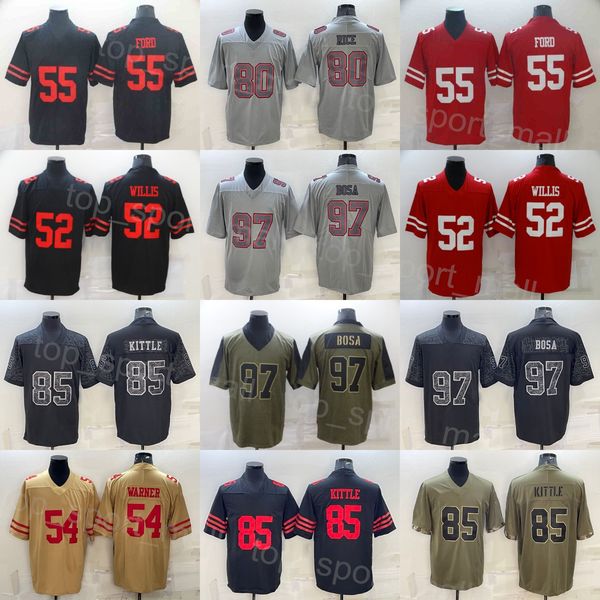 

men football 54 fred warner jersey 52 patrick willis 55 dee ford 80 jerry rice 85 george kittle 97 nick bosa turn back the clock olive salut, Black;red