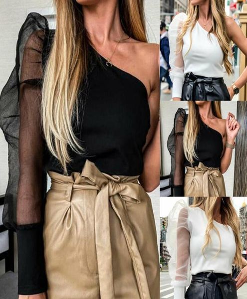 

women mesh net blouse sheer puff sleeve one shoulder ladies shirt womens clothing slim fit female blusa feminina7492206, White