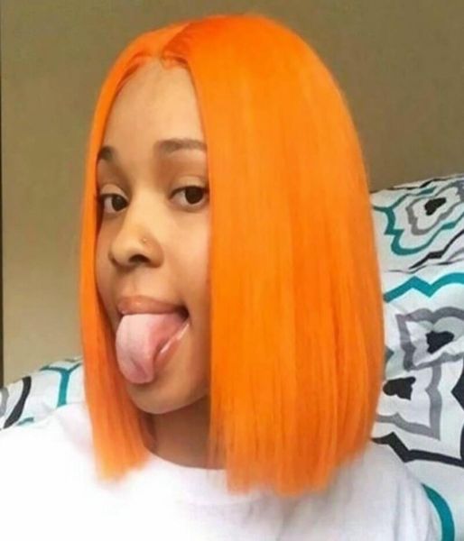 

150 density 14inch short bob lace front wig brazilian fiber synthetic hair lace wig orange color middle part heat resistant5917147, Black