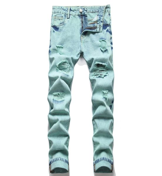 

men039s washed slim fit light green jeans fashion straight leg distressed destroyed biker casual denim pants big size begar hip6681706, Blue
