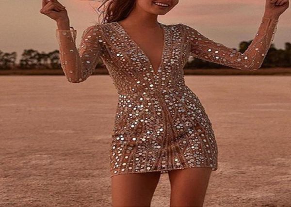 

deep vneck sequins dress women mini bodycon party mini dress elegant luxury night club dresses lady short dresses3801664, Black;gray