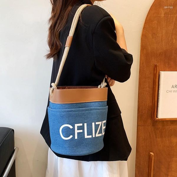 

pu leather denim casual fashion bucket type for women summer shoulder bag luxury large capacity underarm drawstring