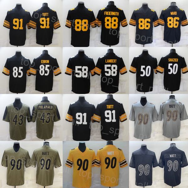

men football 85 eric ebron jersey 90 tj watt 91 stephon tuitt 50 ryan shazier 86 hines ward 43 troy polamalu 58 jack lambert 88 pat freiermu, Black;red