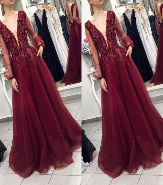 

glitter pearls burgundy a line prom red carpet celebrity dresses 2022 south african v neck long sleeves evening formal dress gowns4913033, Black