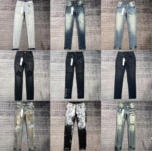 

mens purple jeans designer stacked long pants ksubi ripped high street brand patch hole denim straight fashion streetwear silm916, Blue