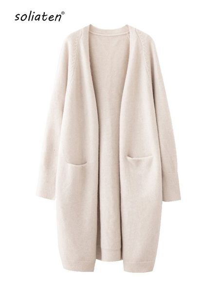 

women's knits tee solid color loose thick warm sweater cardigan pocket ladies spring autumn v neck knitted coat female casual c 124 23, White