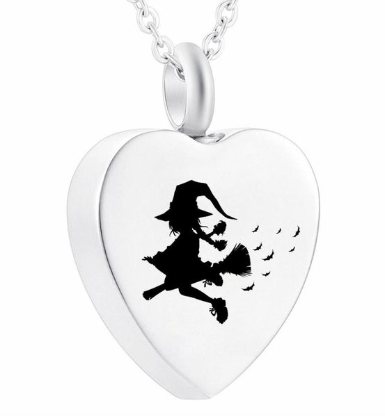 

stainless steel heart ashes pendant halloween witch on flying broom cremation urn memorial heart necklace jewelry8110699, Silver