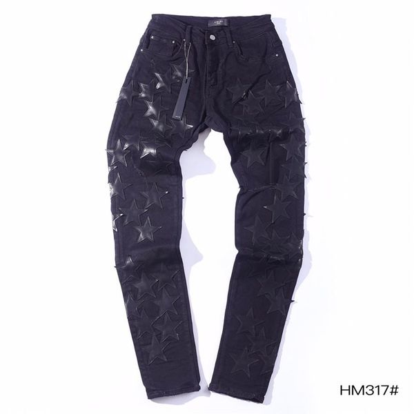 

falection mens 21ss amimike jeans distressed black leather stars patch ripped denim pants276s, Blue