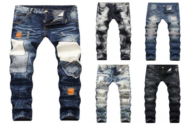 

men039s ripped biker jeans cotton slim fit male motorcycle pants men vintage distressed patchwork denim trousers 9 colors size 4330565, Blue