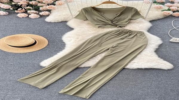 

women039s two piece pants singreiny women summer set 2022 v neck elastic waist short sleeves wide leg track suits elegant 4546718, White