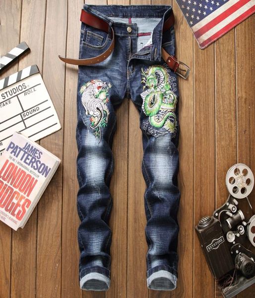 

brand jeans men blue denim trousers straight pants korean fashion casual 3d dragon embroidery homme ripped jeans plus size 29388188282