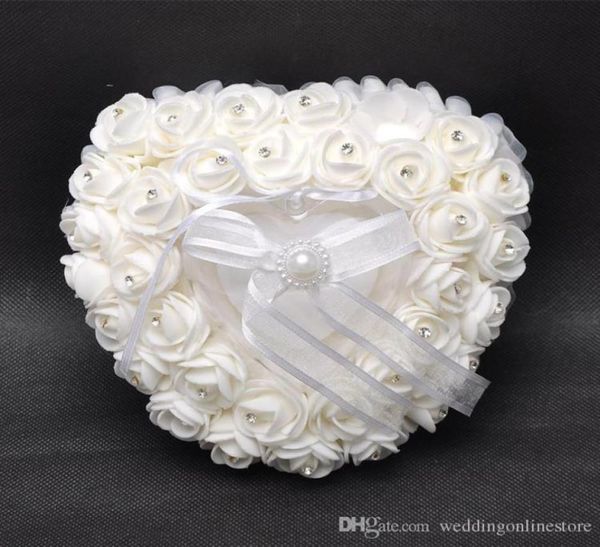 

love heart white crystal pearl bridal ring pillow organza satin lace bearer flower rose pillows bridal supplies beaded wedding fav6967289