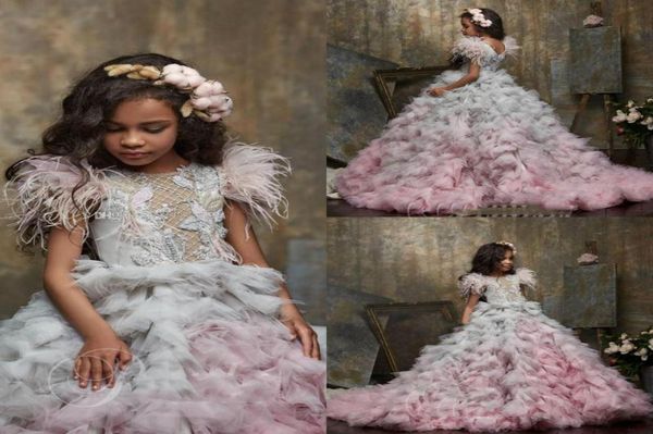 

2020 cute flower girl dresses jewel neck appliqued beaded feather girl pageant gown cascading ruffle sweep train custom made7354402, White;red