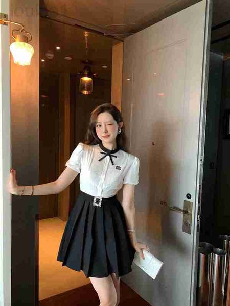 

basic & casual dresses designer mi23 early autumn new gentle bow square neck diamond buckle belt decorative short sleeve pleated dress jrld, Black;gray