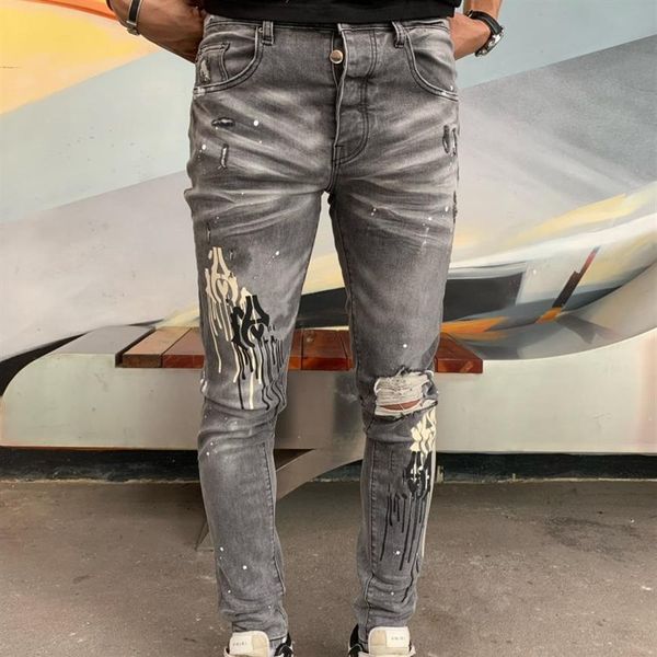 

mens jeans skinny distress ripped destroyed letter printing jeans stretch biker denim black slim fit hip hop pants for men jean to293o, Blue