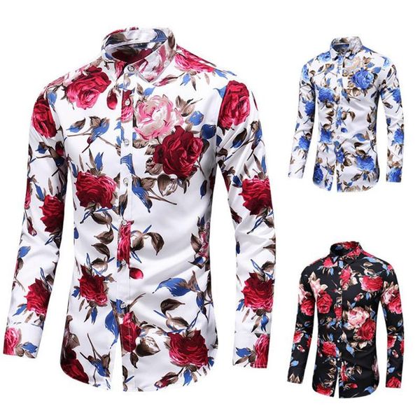 

autumn new fashion male shirt casual long sleeve button shirt for men rose printed floral shirts men plus size 5xl 6xl 7xl284g, White;black