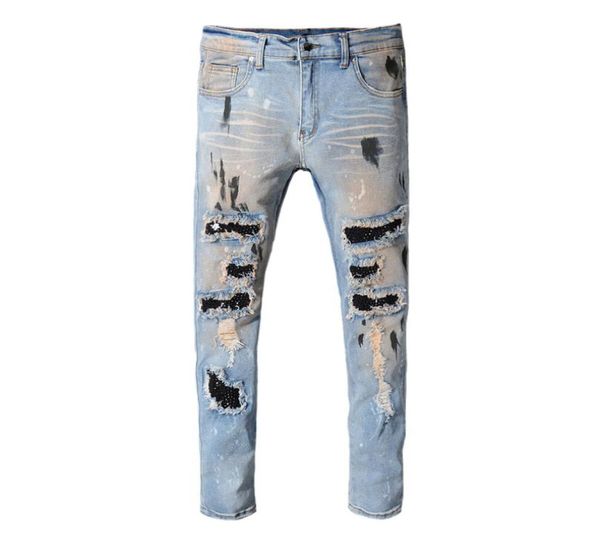 

men039s jeans fashion streetwear men retro blue paint destroyed ripped punk pants patchwork designer hip hop homme2107124