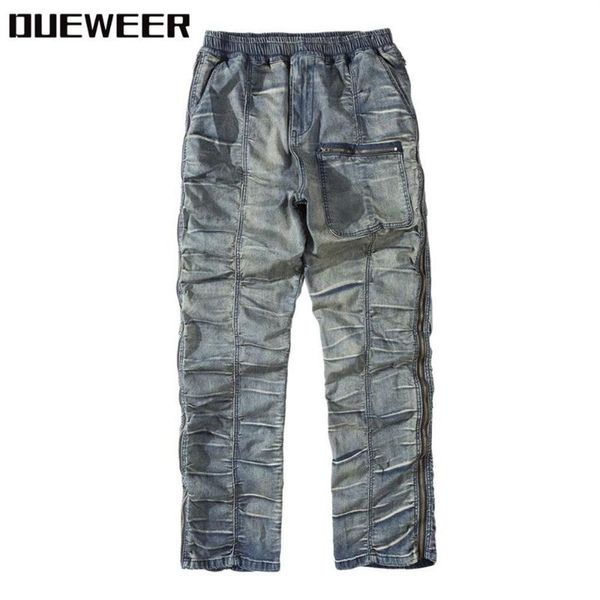 

dueweer vintage distressed pleated jeans swag streetwear slim fit biker jeans men hip hop double side zipper denim pant for men3317, Blue