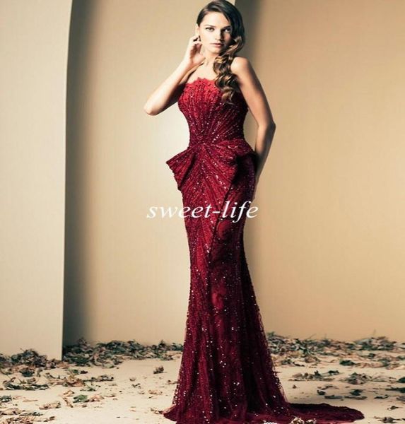 

ziad nakad evening dresses 2019 vintage burgundy strapless crystals beads floor length luxury mermaid celebrity pageant dresses pr3617877, Black;red