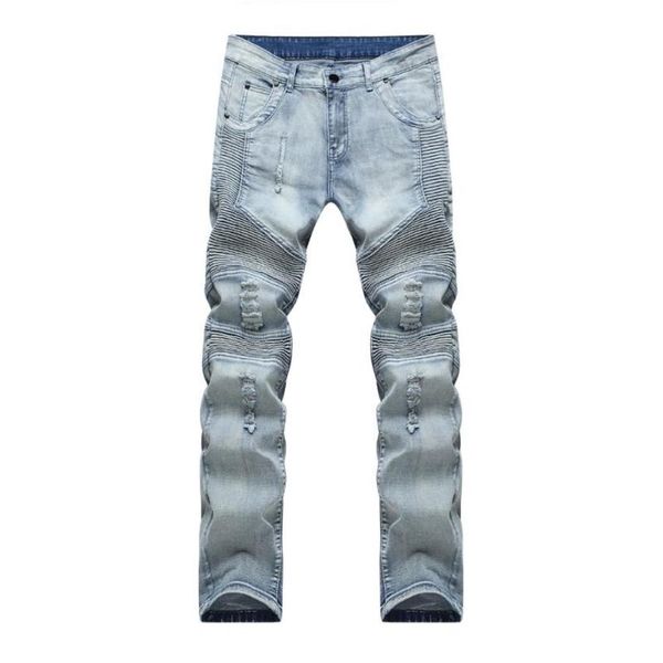 

male biker jeans destroyed denim fabric elastic slim fit washed denim skinny pants joggers skinny men ripped trousers249j, Blue