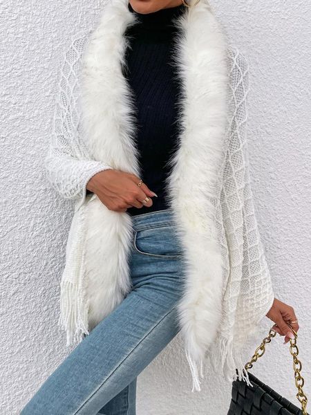 

women's fur europe and the united states 2023 autumn winter light luxury senior collar tassel elegant shawl sweater jacket, Black