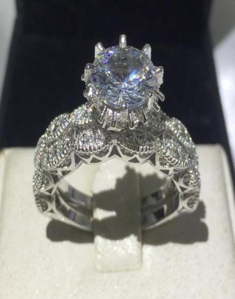 

fashion jewelry engagement wedding band ring set for women 3ct diamond cz 925 sterling silver 2in1 female party ring72410764977488, Slivery;golden