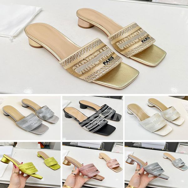 

designer slipper women fabric slides embroidered soft leather slippers triangle flats heel sandal summer beach slide with box 35-42 x27