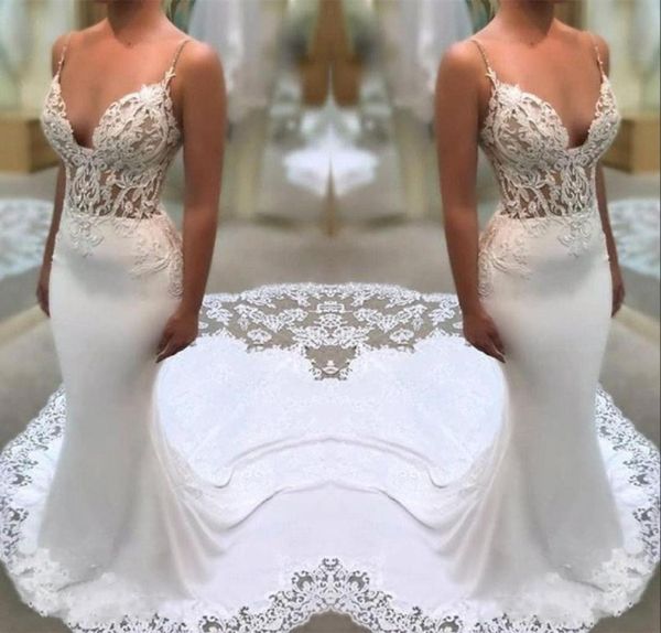 

white lace appliques wedding dresses sheath spaghetti straps mermaid illusion side bridal gowns with court train8937990