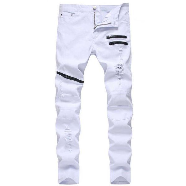 

straight hole destruction trousers distressed jeans men denim trousers men jeans fashion designer brand white jean male x0621173f, Blue