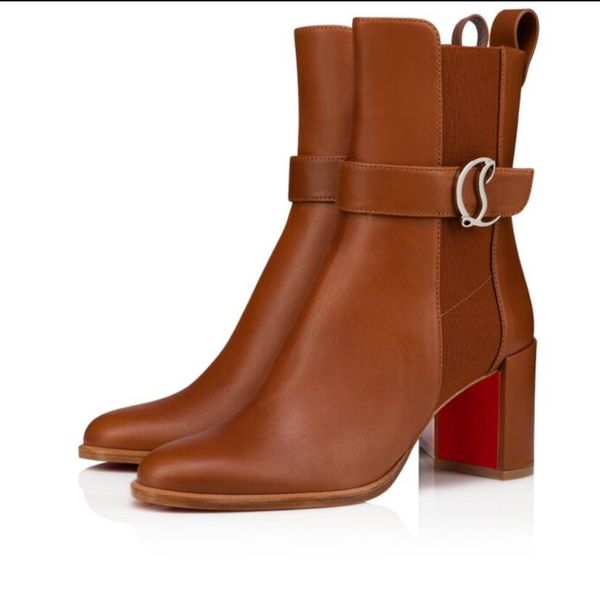 

women ankle boot reds sole boots chelsea booty bottines 70mm block heeled with sliver buckle black sheepskin leather luxury designer with bo