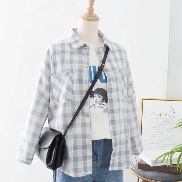 

korean version of cotton and linen plaid shirt for women summer thin loose small fresh students long sleeved, White