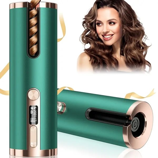 

cordless automatic hair curler with lcd display and ceramic rotating technology - wireless usb rechargeable hair styling tool for smooth and