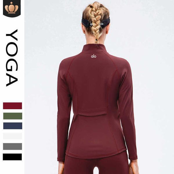 

alo yoga jacket autumn and winter plush yoga suit fitness jacket women's zipper elastic fitness long sleeves, White;red