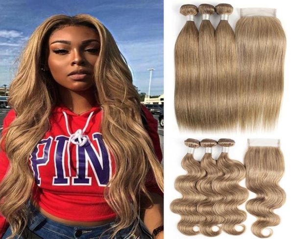 

kisshair color 8 light brown ash blonde brazilian body wave straight hair bundles with closure 100 human hair extension8521709, Black;brown