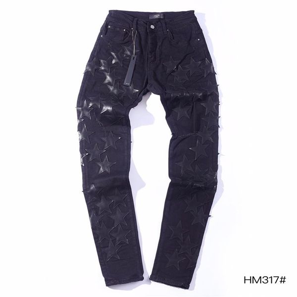

falection mens 21ss amimike jeans distressed black leather stars patch ripped denim pants256a, Blue