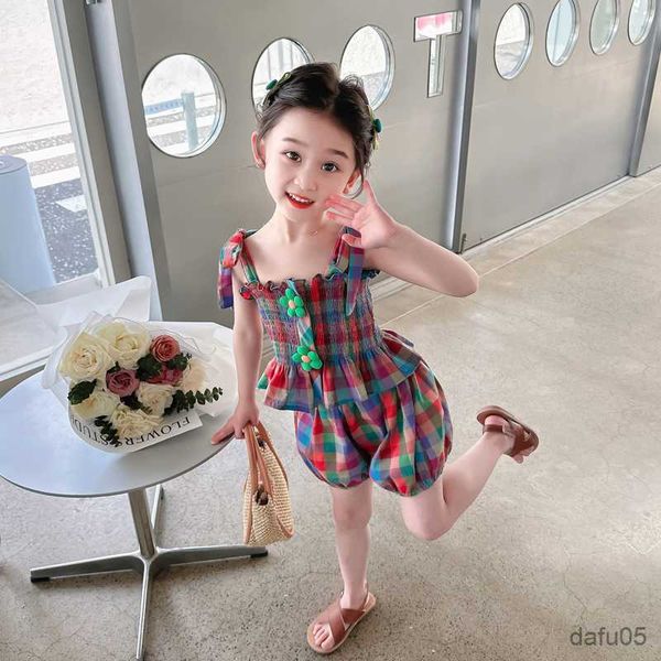 

clothing sets kids summer clothes plaid pattern girls clothing vest short girls clothes casual style kids tracksuit r230812, White