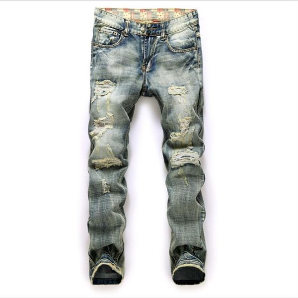 

men's jeans hole nostalgic trade more fabric frayed red flag denim trousers mens cool jean male long pants309w, Blue