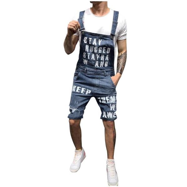 

letter suspender pants for men new mens ripped short jumpsuits distressed denim overalls knee cowboy pants247g, Blue