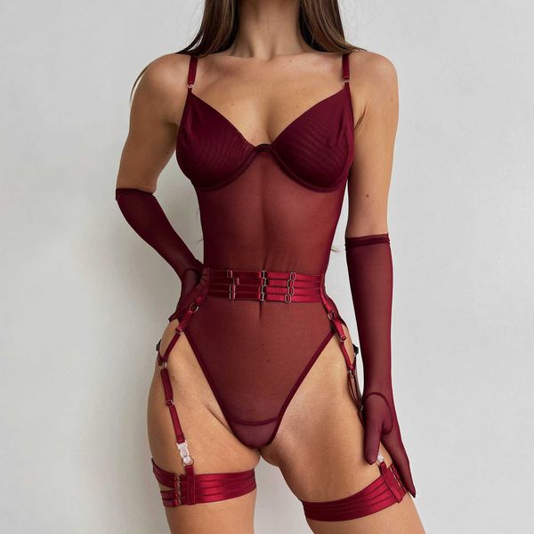 

tight fitting lace bodysuit see through jumpsuits burgundy gloves garter night club outfit sissy crotchless sheer top, Red;black