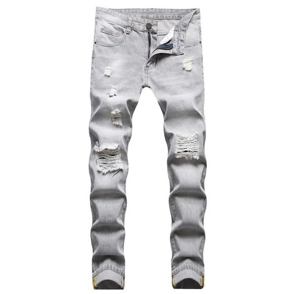 

men's jeans 2021 casual ripped straight sand fried gray237m, Blue