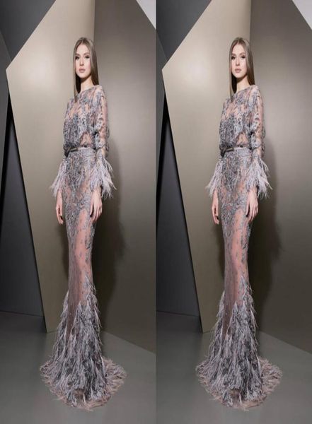 

ziad nakad 2019 evening dresses jewel neck lace long sleeve illusion feather prom gowns luxurious custom made mermaid party runway6002724, Black;red