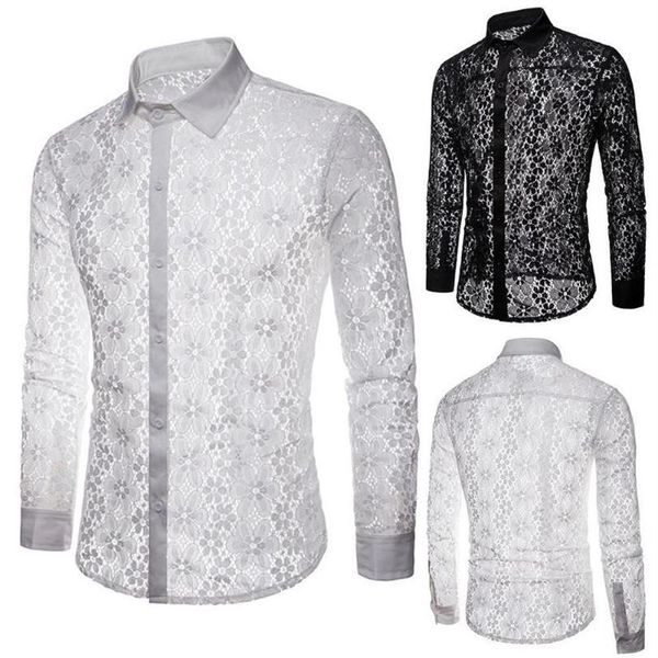 

men long sleeve solid color lace see through clubwear buttons down shirt men's casual shirts255o, White;black
