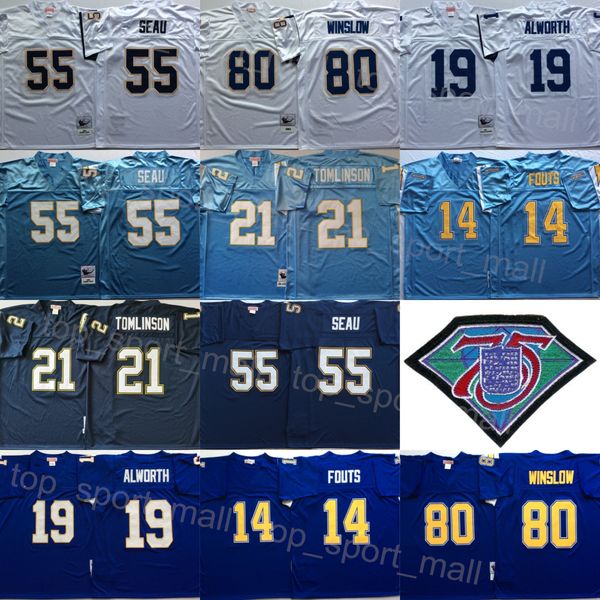 

1987 1984 retro football 14 dan fouts jersey 75th anniversary 55 junior seau 19 lance alworth 80 kellen winslow 21 ladainian tomlinson men v, Black;red